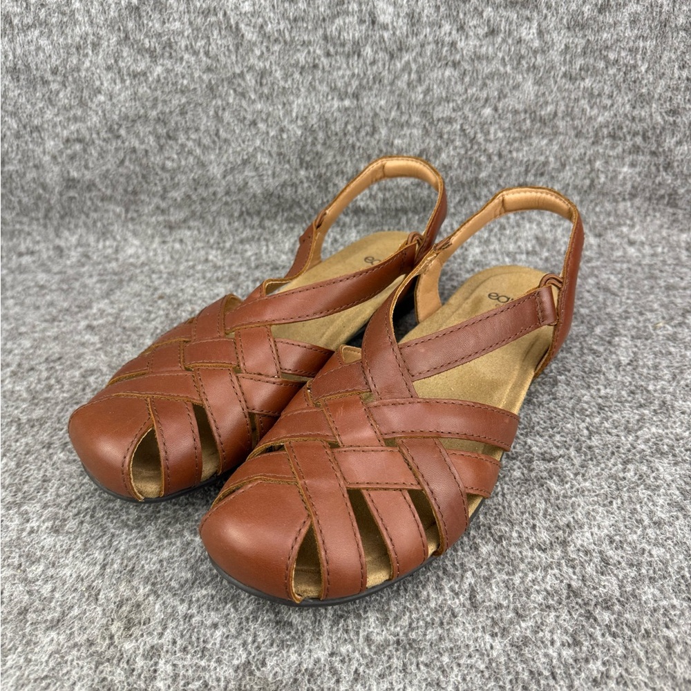 Women's 9.5M Earth Origins Berri Brown Woven Leather Round Toe Slingback Sandals